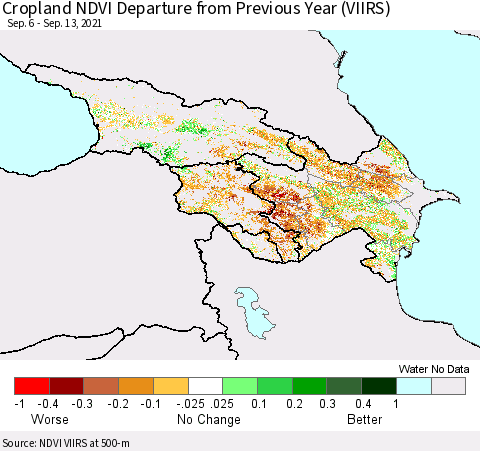 Azerbaijan, Armenia and Georgia Cropland NDVI Departure from Previous Year (VIIRS) Thematic Map For 9/6/2021 - 9/13/2021