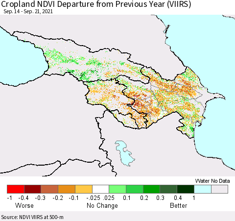Azerbaijan, Armenia and Georgia Cropland NDVI Departure from Previous Year (VIIRS) Thematic Map For 9/14/2021 - 9/21/2021