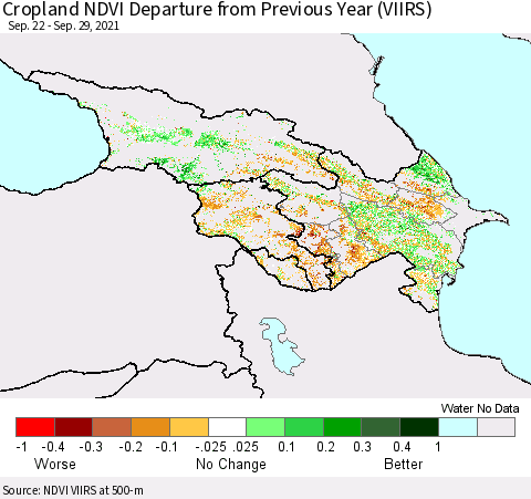 Azerbaijan, Armenia and Georgia Cropland NDVI Departure from Previous Year (VIIRS) Thematic Map For 9/22/2021 - 9/29/2021