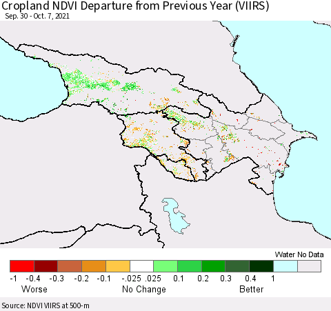 Azerbaijan, Armenia and Georgia Cropland NDVI Departure from Previous Year (VIIRS) Thematic Map For 9/30/2021 - 10/7/2021