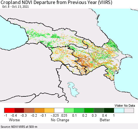 Azerbaijan, Armenia and Georgia Cropland NDVI Departure from Previous Year (VIIRS) Thematic Map For 10/8/2021 - 10/15/2021