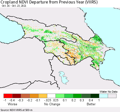 Azerbaijan, Armenia and Georgia Cropland NDVI Departure from Previous Year (VIIRS) Thematic Map For 10/16/2021 - 10/23/2021