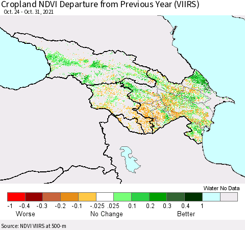 Azerbaijan, Armenia and Georgia Cropland NDVI Departure from Previous Year (VIIRS) Thematic Map For 10/24/2021 - 10/31/2021