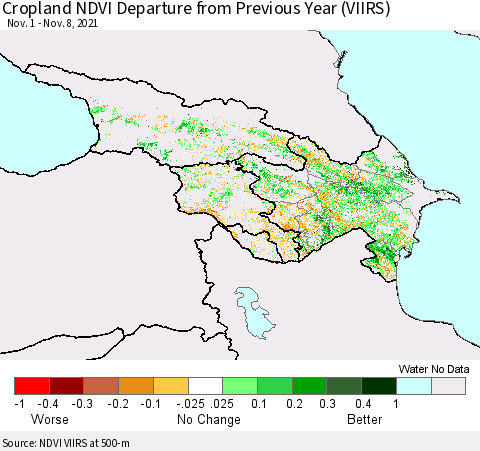 Azerbaijan, Armenia and Georgia Cropland NDVI Departure from Previous Year (VIIRS) Thematic Map For 11/1/2021 - 11/8/2021