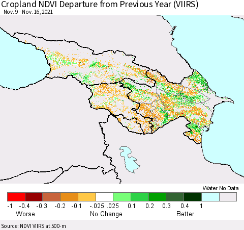 Azerbaijan, Armenia and Georgia Cropland NDVI Departure from Previous Year (VIIRS) Thematic Map For 11/9/2021 - 11/16/2021