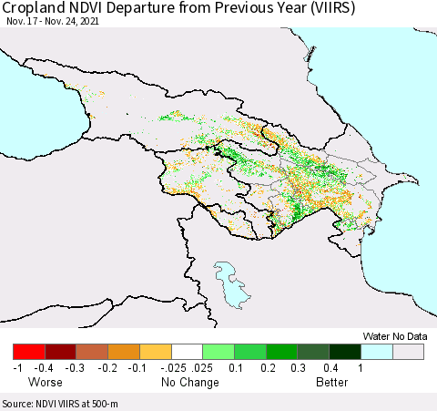 Azerbaijan, Armenia and Georgia Cropland NDVI Departure from Previous Year (VIIRS) Thematic Map For 11/17/2021 - 11/24/2021