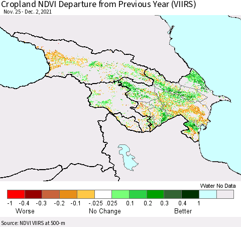 Azerbaijan, Armenia and Georgia Cropland NDVI Departure from Previous Year (VIIRS) Thematic Map For 11/25/2021 - 12/2/2021