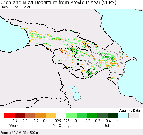 Azerbaijan, Armenia and Georgia Cropland NDVI Departure from Previous Year (VIIRS) Thematic Map For 12/3/2021 - 12/10/2021