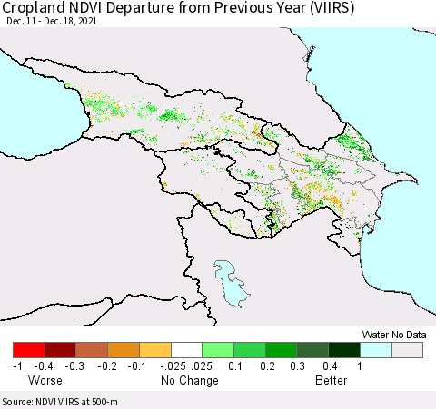 Azerbaijan, Armenia and Georgia Cropland NDVI Departure from Previous Year (VIIRS) Thematic Map For 12/11/2021 - 12/18/2021