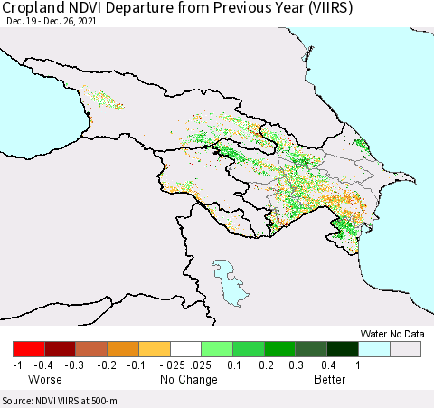 Azerbaijan, Armenia and Georgia Cropland NDVI Departure from Previous Year (VIIRS) Thematic Map For 12/19/2021 - 12/26/2021