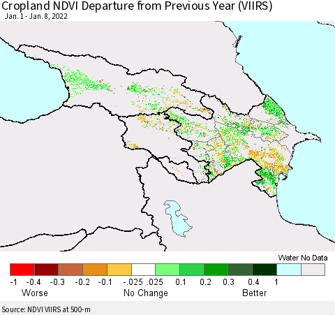 Azerbaijan, Armenia and Georgia Cropland NDVI Departure from Previous Year (VIIRS) Thematic Map For 1/1/2022 - 1/8/2022