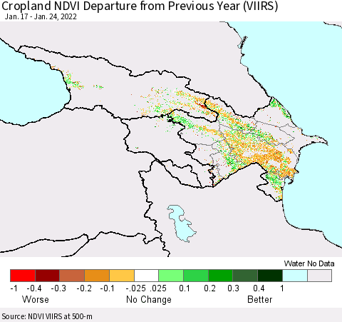 Azerbaijan, Armenia and Georgia Cropland NDVI Departure from Previous Year (VIIRS) Thematic Map For 1/17/2022 - 1/24/2022