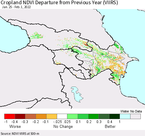 Azerbaijan, Armenia and Georgia Cropland NDVI Departure from Previous Year (VIIRS) Thematic Map For 1/25/2022 - 2/1/2022