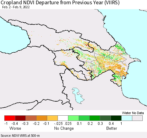 Azerbaijan, Armenia and Georgia Cropland NDVI Departure from Previous Year (VIIRS) Thematic Map For 2/2/2022 - 2/9/2022