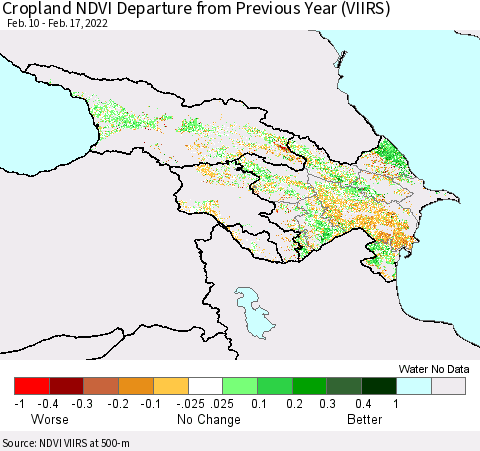 Azerbaijan, Armenia and Georgia Cropland NDVI Departure from Previous Year (VIIRS) Thematic Map For 2/10/2022 - 2/17/2022