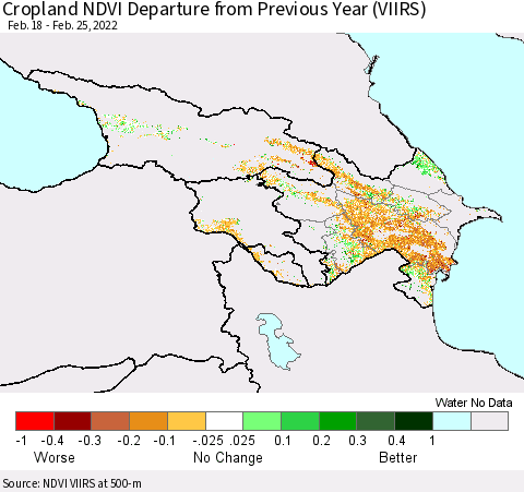 Azerbaijan, Armenia and Georgia Cropland NDVI Departure from Previous Year (VIIRS) Thematic Map For 2/18/2022 - 2/25/2022