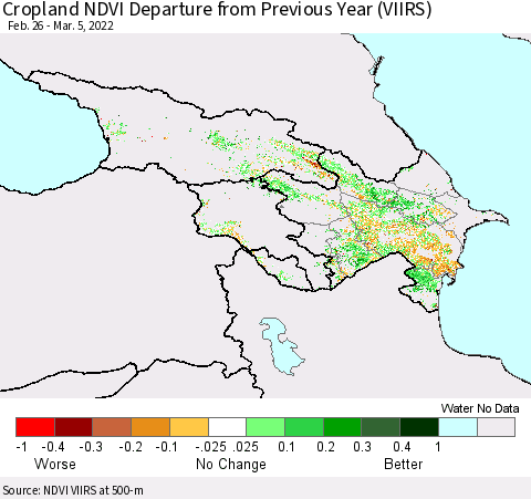 Azerbaijan, Armenia and Georgia Cropland NDVI Departure from Previous Year (VIIRS) Thematic Map For 2/26/2022 - 3/5/2022