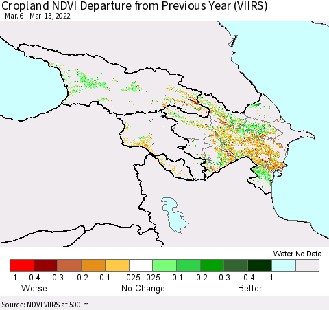 Azerbaijan, Armenia and Georgia Cropland NDVI Departure from Previous Year (VIIRS) Thematic Map For 3/6/2022 - 3/13/2022