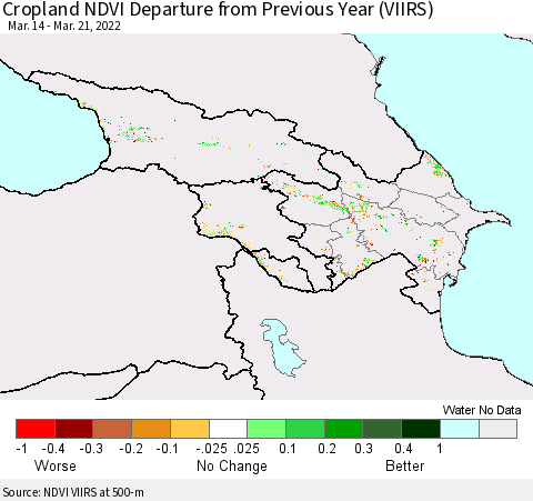 Azerbaijan, Armenia and Georgia Cropland NDVI Departure from Previous Year (VIIRS) Thematic Map For 3/14/2022 - 3/21/2022