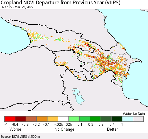 Azerbaijan, Armenia and Georgia Cropland NDVI Departure from Previous Year (VIIRS) Thematic Map For 3/22/2022 - 3/29/2022