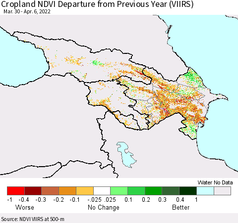 Azerbaijan, Armenia and Georgia Cropland NDVI Departure from Previous Year (VIIRS) Thematic Map For 3/30/2022 - 4/6/2022