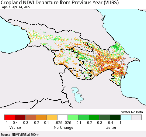 Azerbaijan, Armenia and Georgia Cropland NDVI Departure from Previous Year (VIIRS) Thematic Map For 4/7/2022 - 4/14/2022