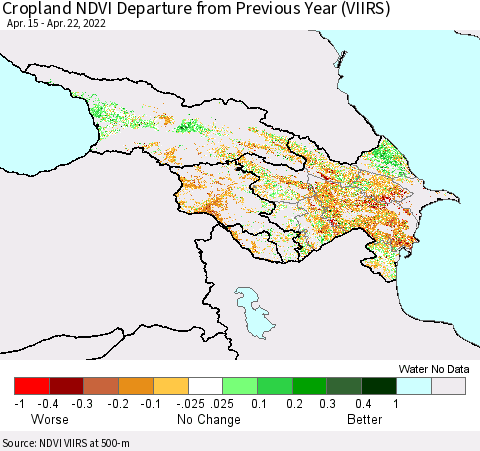 Azerbaijan, Armenia and Georgia Cropland NDVI Departure from Previous Year (VIIRS) Thematic Map For 4/15/2022 - 4/22/2022