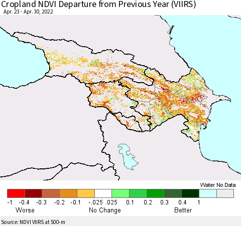 Azerbaijan, Armenia and Georgia Cropland NDVI Departure from Previous Year (VIIRS) Thematic Map For 4/23/2022 - 4/30/2022