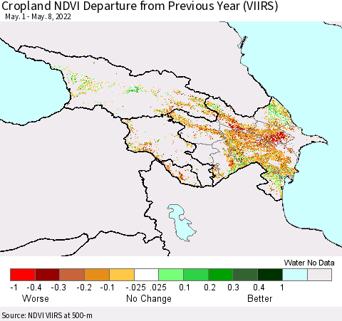 Azerbaijan, Armenia and Georgia Cropland NDVI Departure from Previous Year (VIIRS) Thematic Map For 5/1/2022 - 5/8/2022