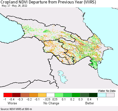 Azerbaijan, Armenia and Georgia Cropland NDVI Departure from Previous Year (VIIRS) Thematic Map For 5/17/2022 - 5/24/2022