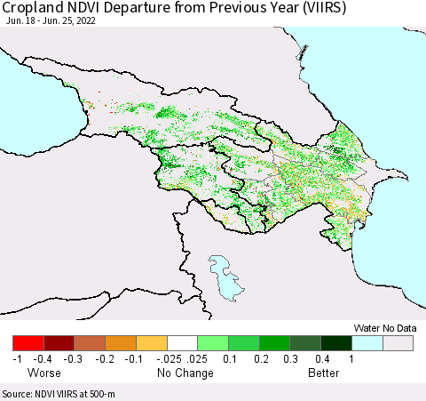 Azerbaijan, Armenia and Georgia Cropland NDVI Departure from Previous Year (VIIRS) Thematic Map For 6/18/2022 - 6/25/2022