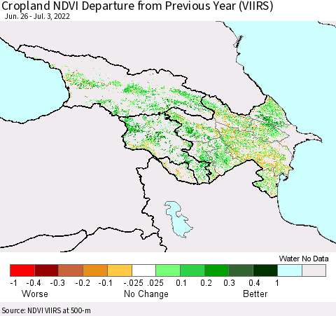 Azerbaijan, Armenia and Georgia Cropland NDVI Departure from Previous Year (VIIRS) Thematic Map For 6/26/2022 - 7/3/2022