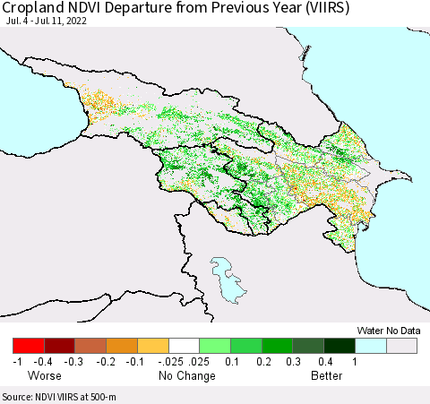 Azerbaijan, Armenia and Georgia Cropland NDVI Departure from Previous Year (VIIRS) Thematic Map For 7/4/2022 - 7/11/2022