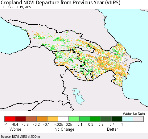 Azerbaijan, Armenia and Georgia Cropland NDVI Departure from Previous Year (VIIRS) Thematic Map For 7/12/2022 - 7/19/2022
