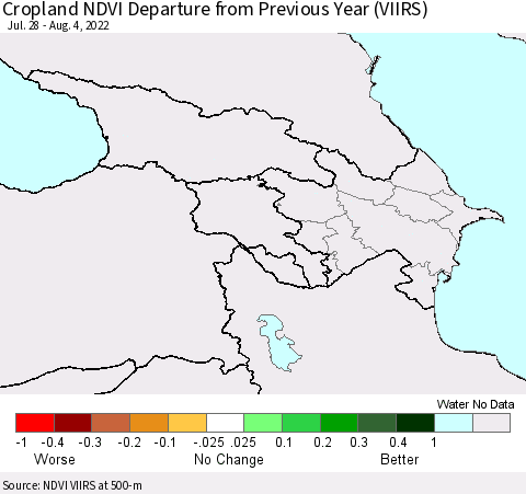 Azerbaijan, Armenia and Georgia Cropland NDVI Departure from Previous Year (VIIRS) Thematic Map For 7/28/2022 - 8/4/2022