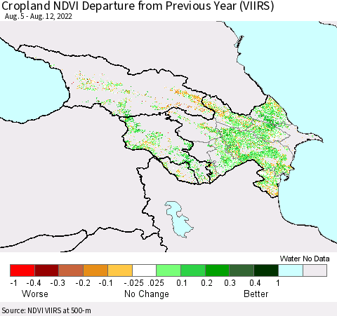 Azerbaijan, Armenia and Georgia Cropland NDVI Departure from Previous Year (VIIRS) Thematic Map For 8/5/2022 - 8/12/2022