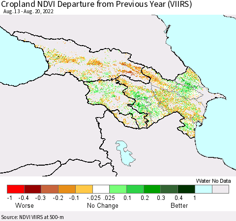 Azerbaijan, Armenia and Georgia Cropland NDVI Departure from Previous Year (VIIRS) Thematic Map For 8/13/2022 - 8/20/2022