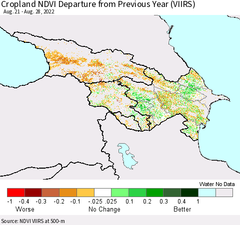 Azerbaijan, Armenia and Georgia Cropland NDVI Departure from Previous Year (VIIRS) Thematic Map For 8/21/2022 - 8/28/2022