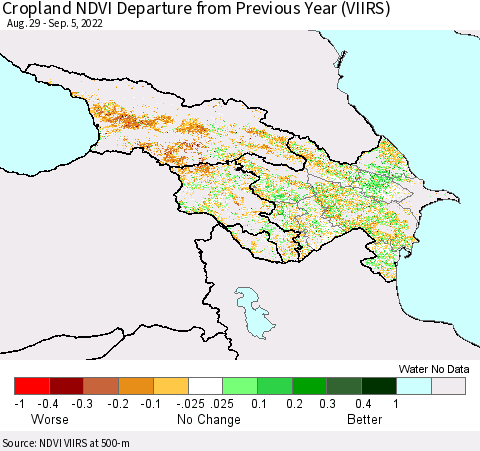 Azerbaijan, Armenia and Georgia Cropland NDVI Departure from Previous Year (VIIRS) Thematic Map For 8/29/2022 - 9/5/2022