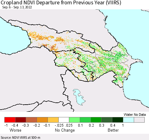 Azerbaijan, Armenia and Georgia Cropland NDVI Departure from Previous Year (VIIRS) Thematic Map For 9/6/2022 - 9/13/2022