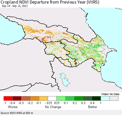 Azerbaijan, Armenia and Georgia Cropland NDVI Departure from Previous Year (VIIRS) Thematic Map For 9/14/2022 - 9/21/2022