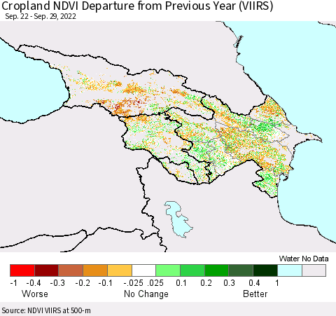 Azerbaijan, Armenia and Georgia Cropland NDVI Departure from Previous Year (VIIRS) Thematic Map For 9/22/2022 - 9/29/2022