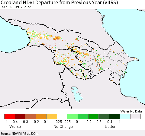 Azerbaijan, Armenia and Georgia Cropland NDVI Departure from Previous Year (VIIRS) Thematic Map For 9/30/2022 - 10/7/2022