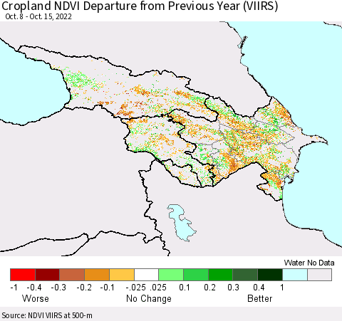 Azerbaijan, Armenia and Georgia Cropland NDVI Departure from Previous Year (VIIRS) Thematic Map For 10/8/2022 - 10/15/2022