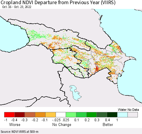 Azerbaijan, Armenia and Georgia Cropland NDVI Departure from Previous Year (VIIRS) Thematic Map For 10/16/2022 - 10/23/2022
