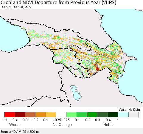 Azerbaijan, Armenia and Georgia Cropland NDVI Departure from Previous Year (VIIRS) Thematic Map For 10/24/2022 - 10/31/2022