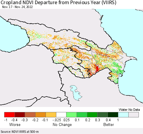 Azerbaijan, Armenia and Georgia Cropland NDVI Departure from Previous Year (VIIRS) Thematic Map For 11/17/2022 - 11/24/2022