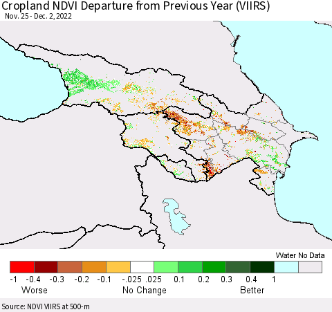 Azerbaijan, Armenia and Georgia Cropland NDVI Departure from Previous Year (VIIRS) Thematic Map For 11/25/2022 - 12/2/2022