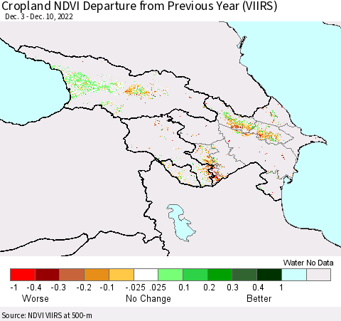 Azerbaijan, Armenia and Georgia Cropland NDVI Departure from Previous Year (VIIRS) Thematic Map For 12/3/2022 - 12/10/2022