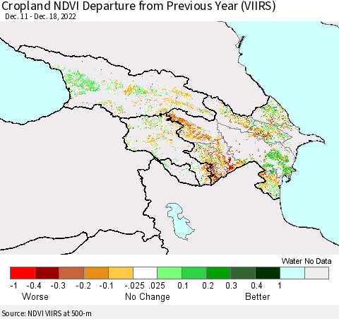 Azerbaijan, Armenia and Georgia Cropland NDVI Departure from Previous Year (VIIRS) Thematic Map For 12/11/2022 - 12/18/2022